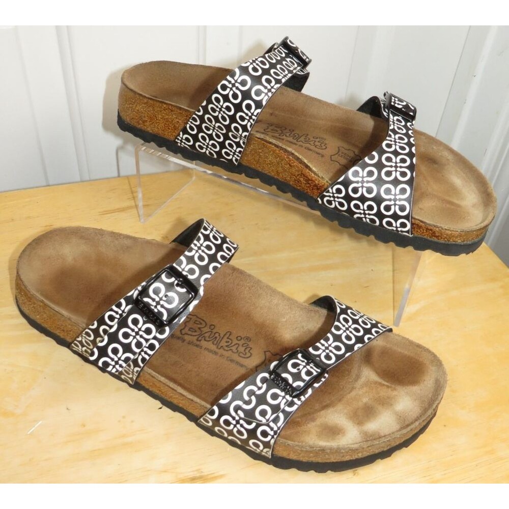 Birki's by Birkenstock Tahiti Sandals Double Strap Black/White Geometric Size 10